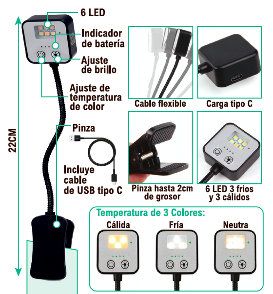 Lámpara de lectura LED con clip