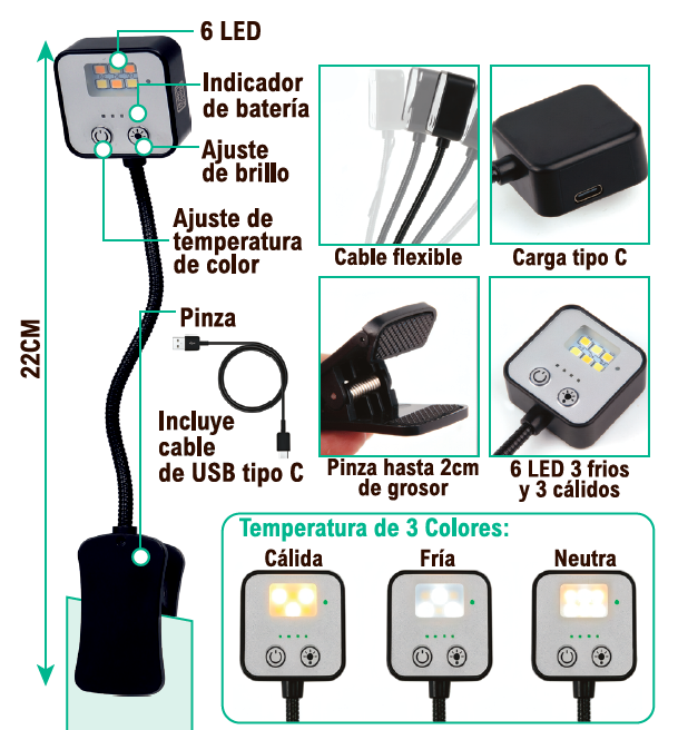 Lámpara de lectura LED con clip