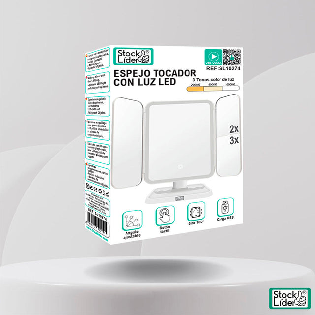 Espejo tocador con luz LED plegable