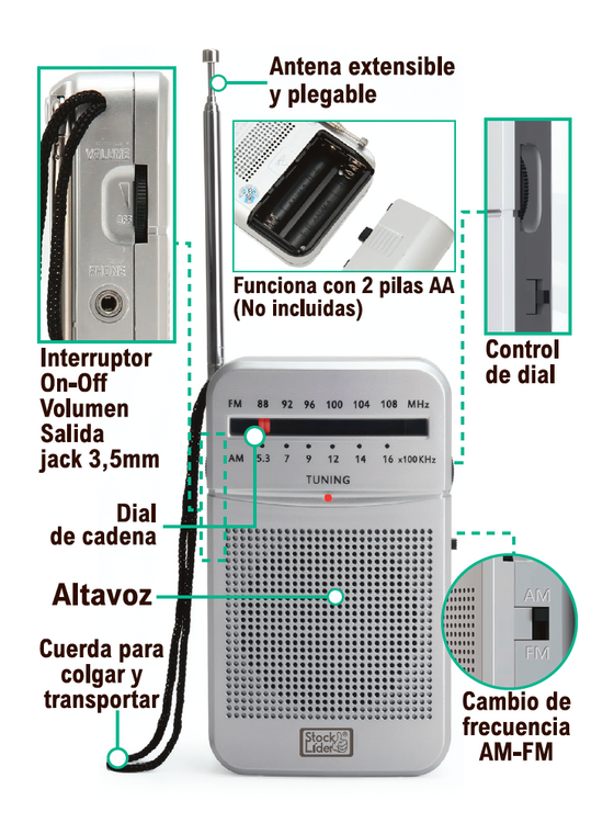 Radio AM FM portátil con jack 3,5 mm