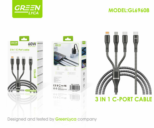 Cable 3 en 1 USB-C 60W para carga rápida