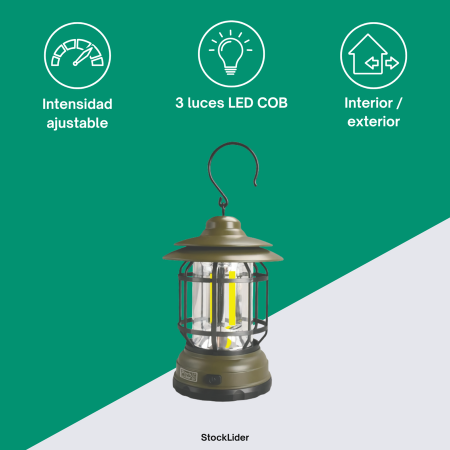 Lámpara camping LED portátil con gancho