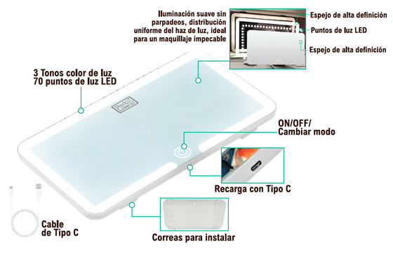 Espejo LED recargable para coche