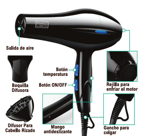 Secador de pelo con difusor para peinar en casa