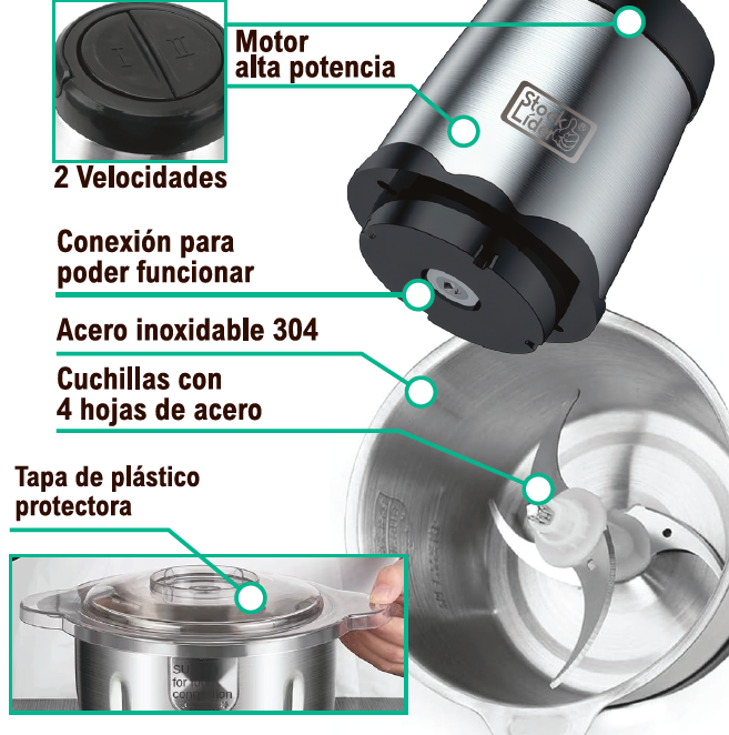 Picadora eléctrica 2L de acero inoxidable