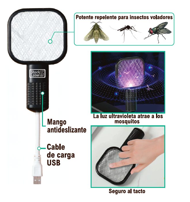 Raqueta matamosquitos recargable UV
