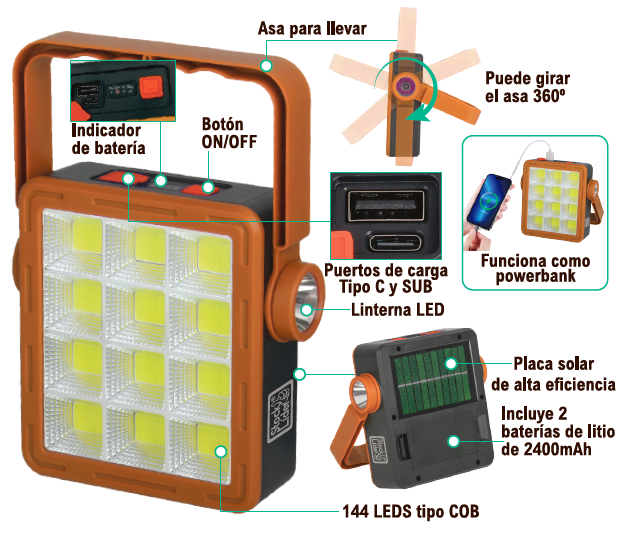 Lámpara solar multifunción portátil